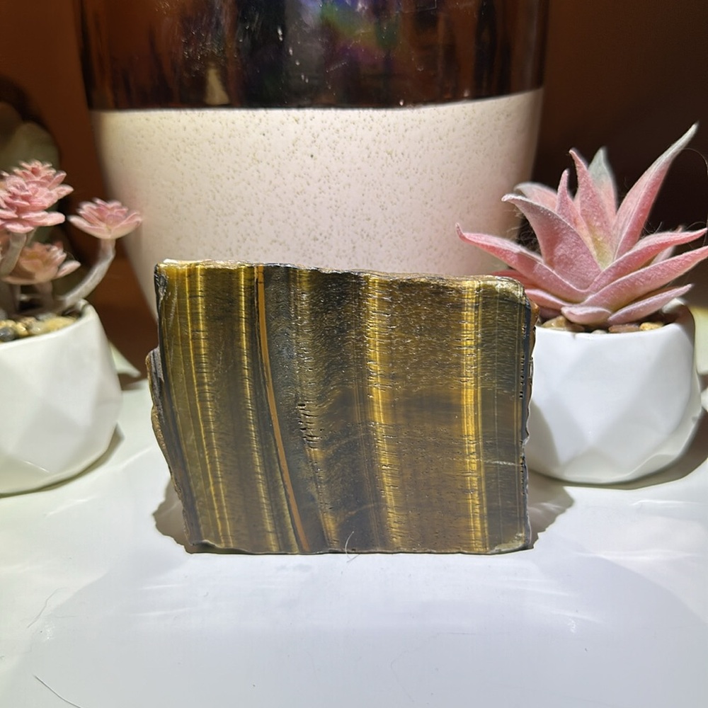 Tigers Eye Slab With Wolf Carving - Picture 7 of 8